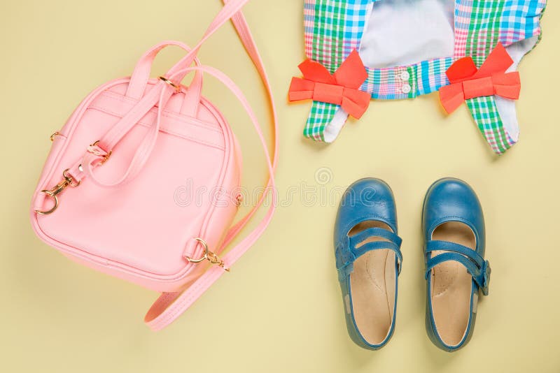Little Girl Accessories. Pink Bag with Colorful Dress and Shoes on ...