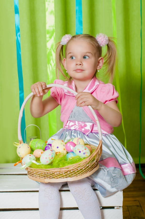 Little Girl with Basket with Easter Eggs Stock Image Image of child, health 49120127
