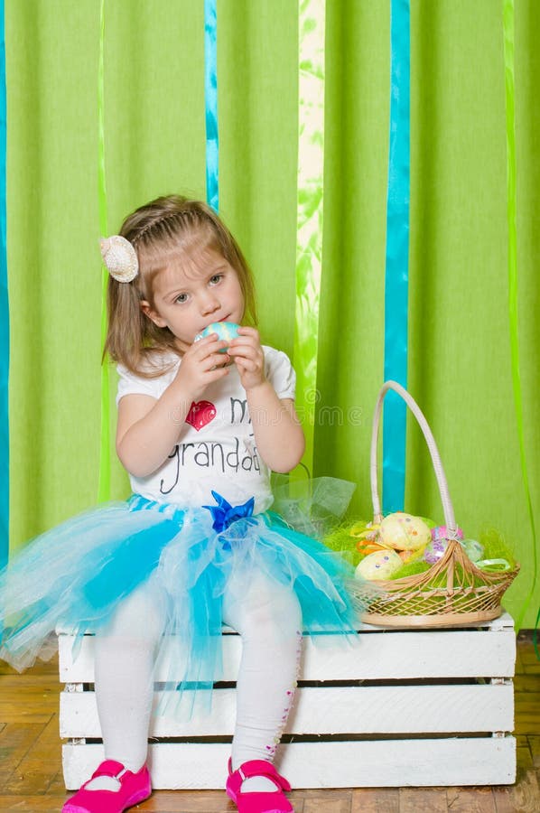 Little Girl with Basket with Easter Eggs Stock Image Image of dress