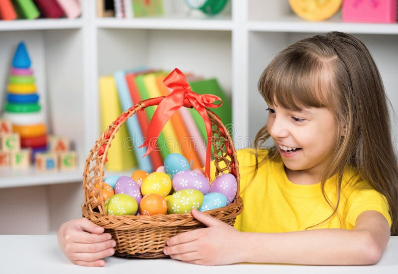 Little Girl with Basket of Easter Eggs Stock Image Image of holiday