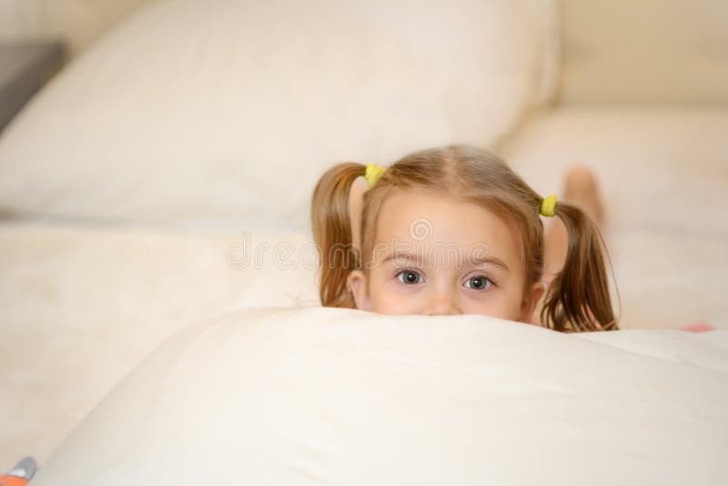 Little Girl on the Bed at Home Stock Image Image of baby, bear 64177467