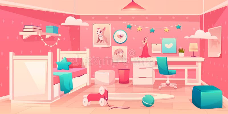 Little girl bedroom cozy interior cartoon vector