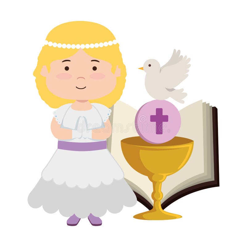 Little girl with bible and chalice first communion. 