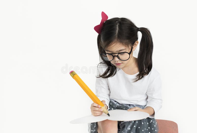 Little Girl Big Pencil Drawing Concept royalty free stock photo