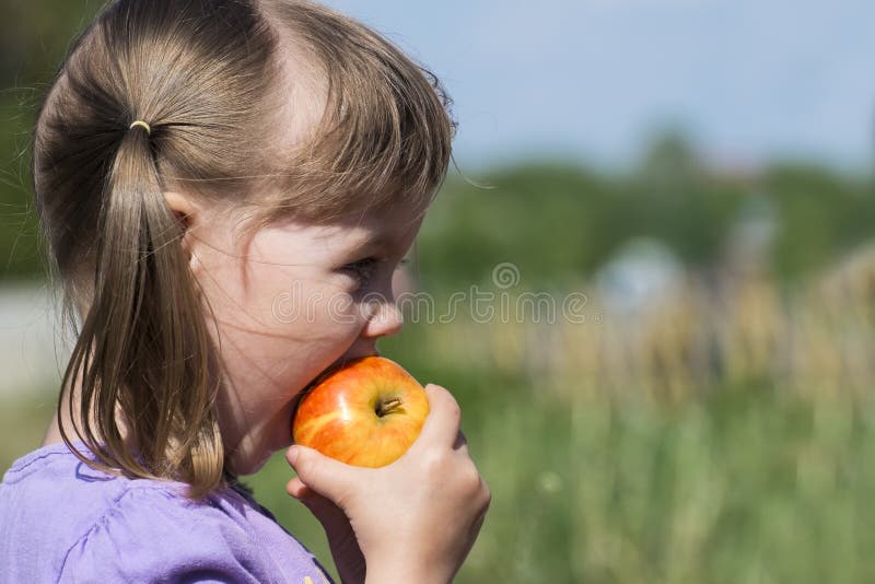 Little girl bites a ruddy apple royalty free stock photos Little girl bites a ruddy apple royalty free stock photos