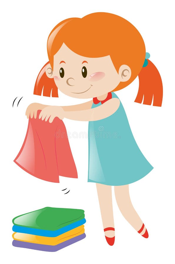 Little Girl in Blue Dress Folding Clothes Stock Vector - Illustration ...