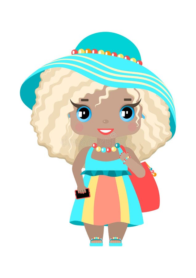 Little girl, with blue eyes and wavy blonde hair in beach outfit, sundress, hat, with beach bag and phone