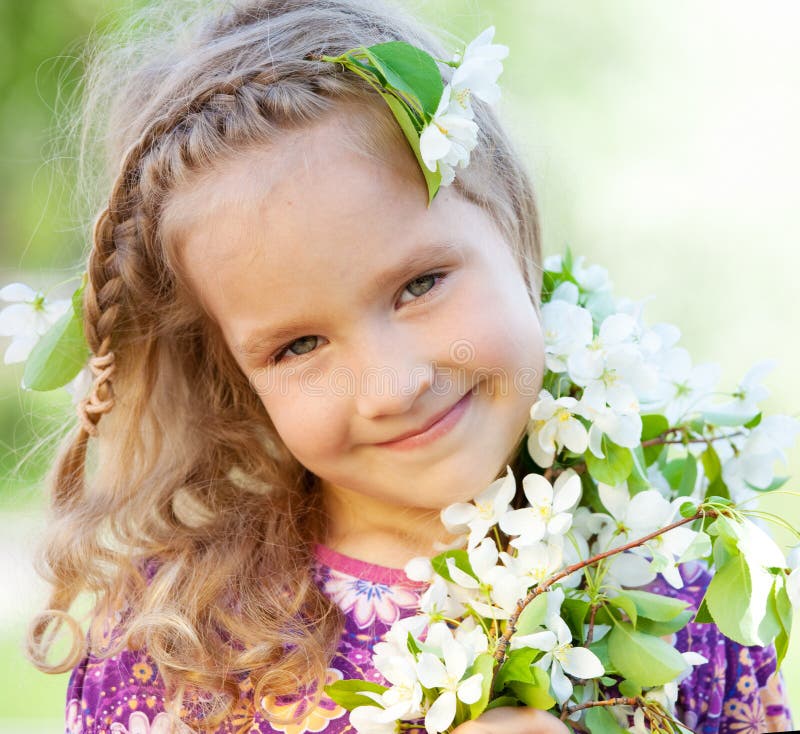 Little Girl with Branches Blossoming Apple Tree Stock Image - Image of ...