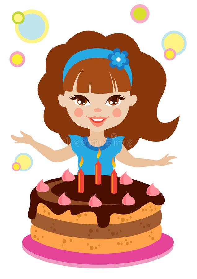 Little Girl Holding Birthday Cake Isolated on White Background Stock