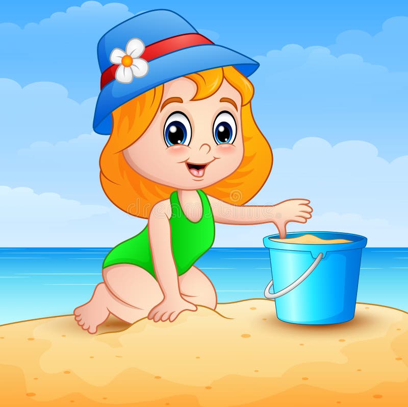 Little girl cartoon playing a sand on beach