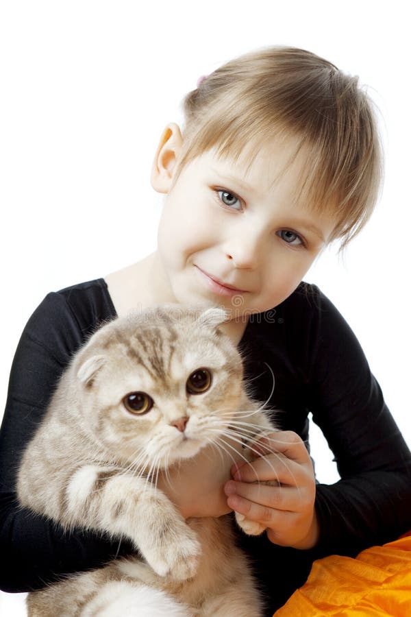 Little girl with a cat on a white background stock photography Little girl with a cat on a white background stock photography