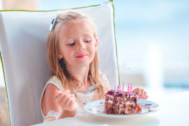 Little Girl Celebrate Happy Birthday with Tasty Cake in Outdoor Cafe ...