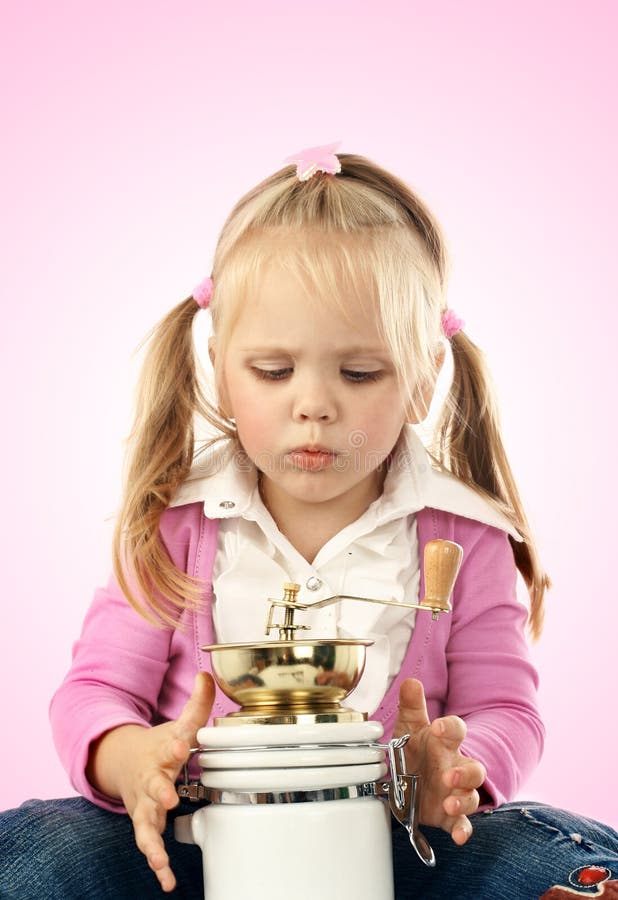 Little Girl and a Coffee Grinder Stock Photo Image of brew, grinder