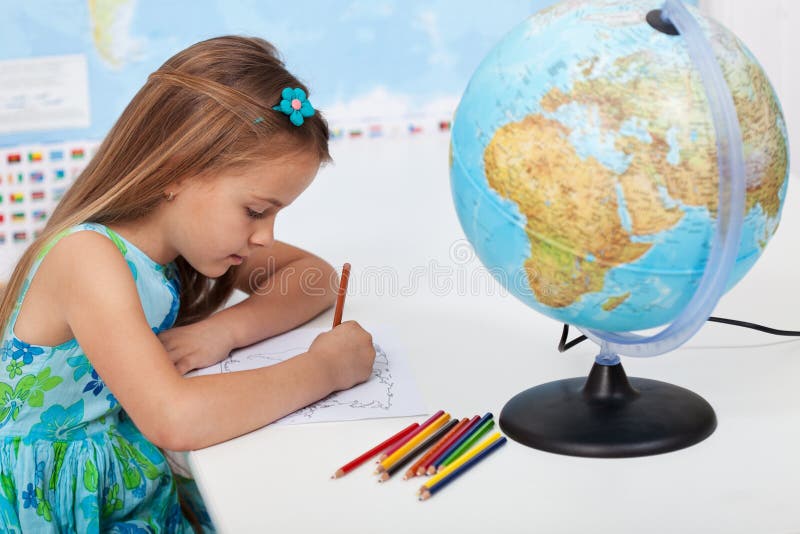Little Girl Coloring The World Map