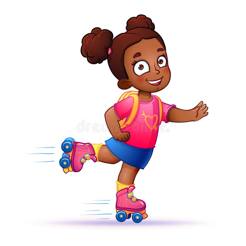 Little girl dark skin rides on roller skates