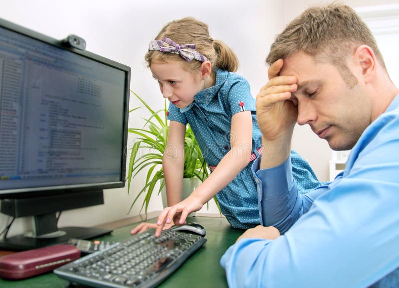 Little girl disturbing her dad.