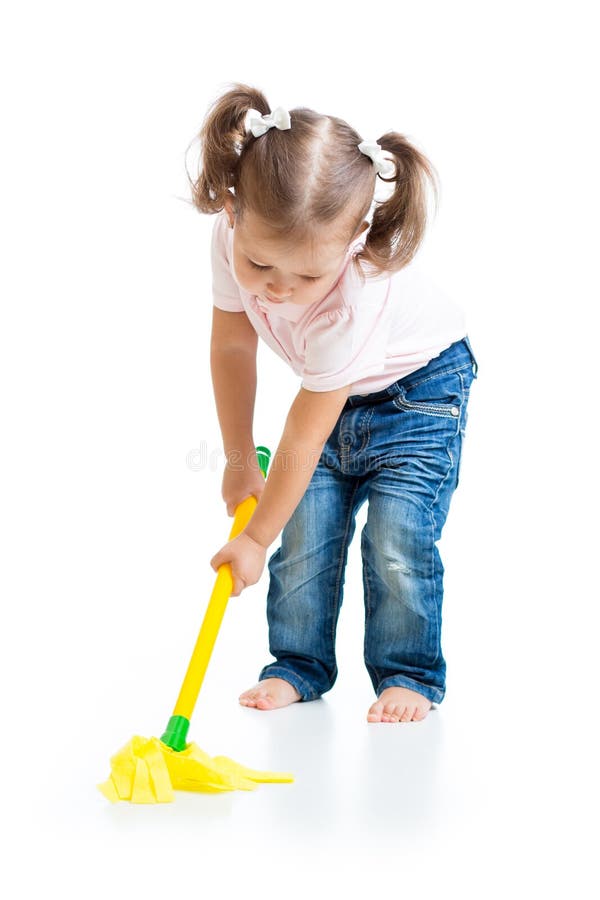 Little Girl Doing Playing Mopping Floor Stock Photos Free & Royalty
