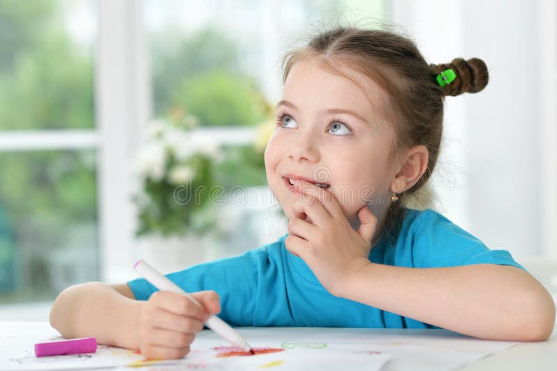 Little Girl Drawing at Class Stock Photo Image of home, class 75740960
