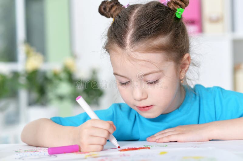 Little Girl Drawing at Class Stock Image Image of background, cute