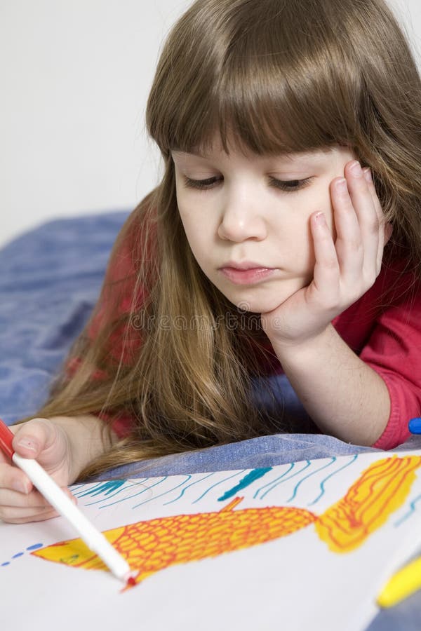 Little Girl Drawing on Paper Stock Photo Image of crayon, figure