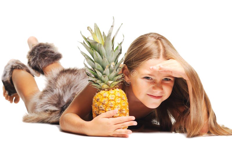 Little girl dressed as prehistoric man