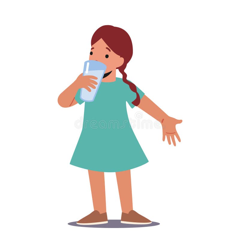Little Girl Drinking Clean Water, Milk Or Juice. Kid Character Enjoying Fresh Drink, Summer Refreshment, Body Hydration