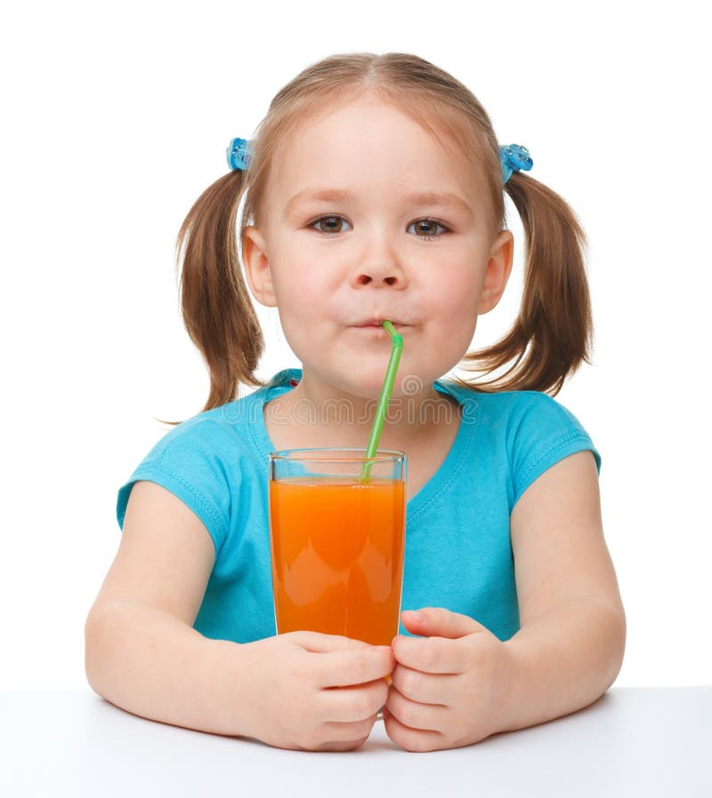 Little Girl Drinks Orange Juice Stock Photo Image of cutout, little