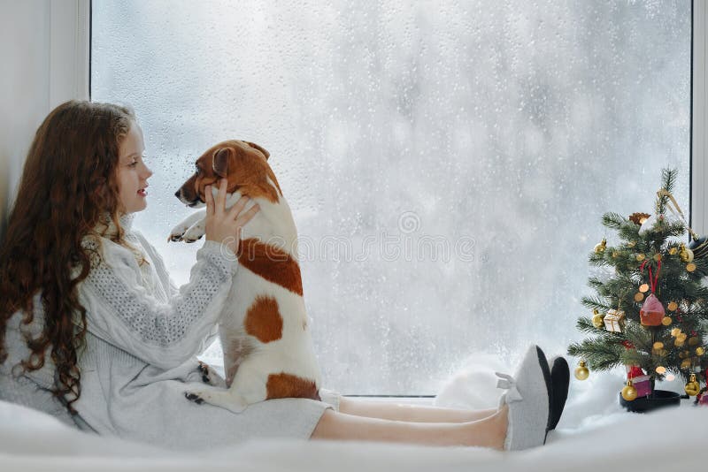 Little girl embracing her puppy dog, sitting on window and waiting Christmas. stock photography Little girl embracing her puppy dog, sitting on window and waiting Christmas. stock photography