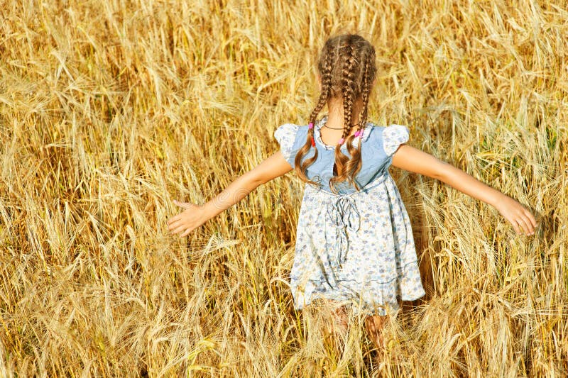 Little girl on field with ripe royalty free stock photo