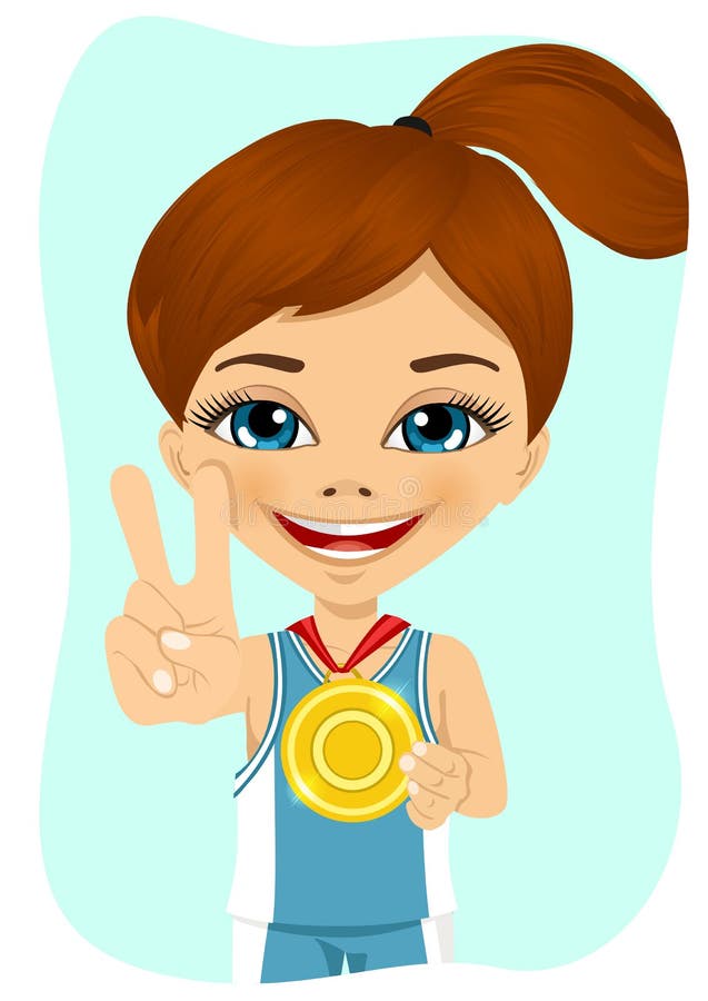 Little girl with a first place medal stock illustration