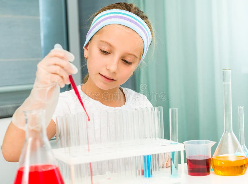 Little Girl with Flasks for Chemistry Stock Photo Image of