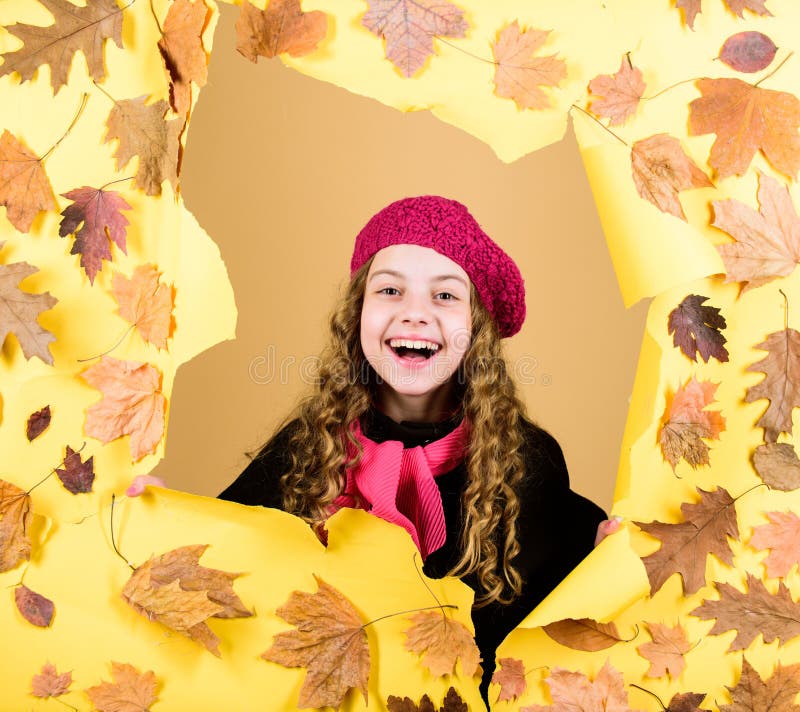 Little girl in french beret. Fall fashion. parisian kid in autumn leaves. autumn beauty. Happy childhood. child in stock photo