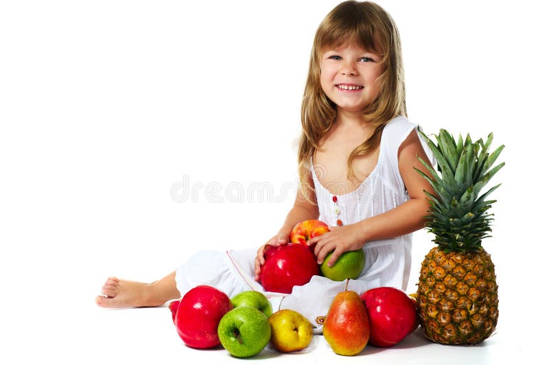Little girl with fruits stock photography Little girl with fruits stock photography