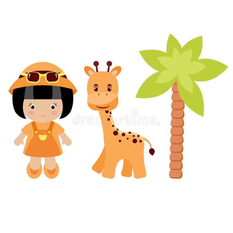 Little girl, giraffe and palm tree