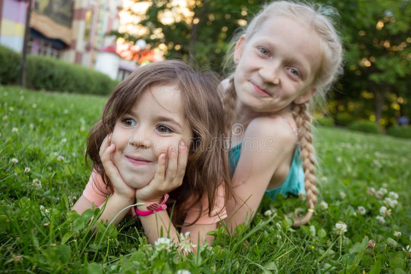 Little Girl Girlfriend on the Lawn Stock Image - Image of lifestyle ...