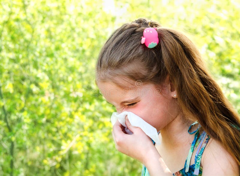 Little Girl Has Allergy To Spring Blossoming And Blowing Her Nos Stock ...