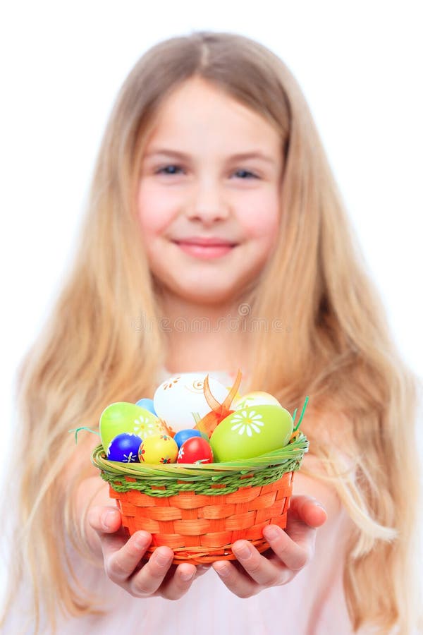 Little Girl Holding a Basket with Easter Eggs Stock Image Image of