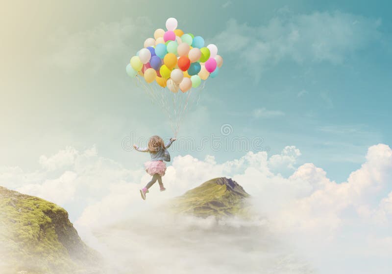 Little girl holding colorful balloons, jumping from one mountain top to the other; success/achievement concept, fantasy background