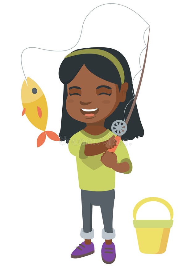 Little Girl Holding Fishing Rod with Fish on Hook. Stock Vector -  Illustration of human, angler: 110463077