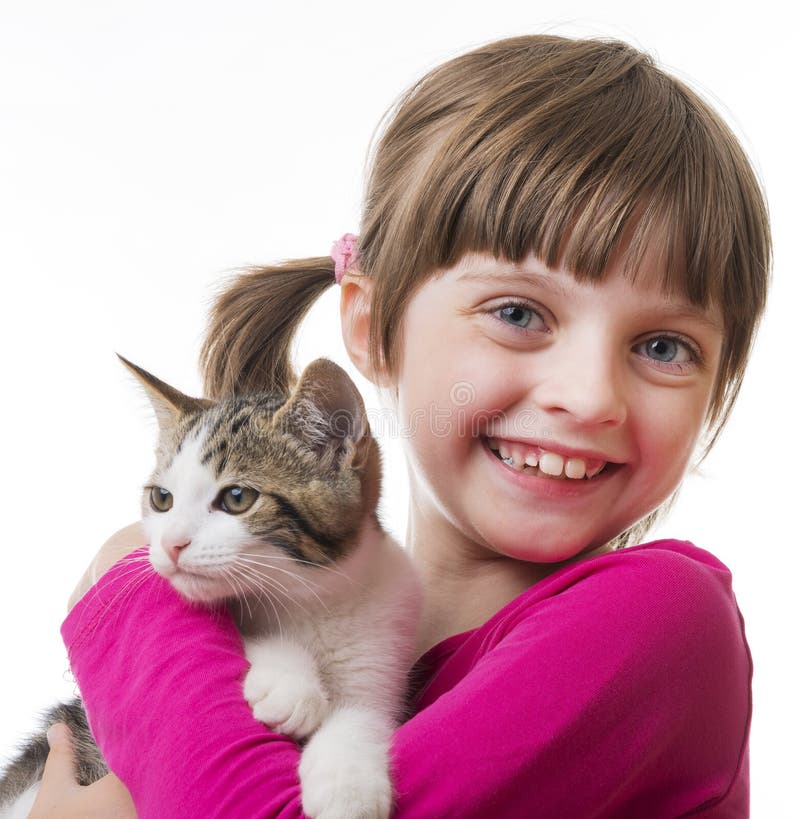 Little Girl Holding a Kitten Stock Image Image of hands, happiness