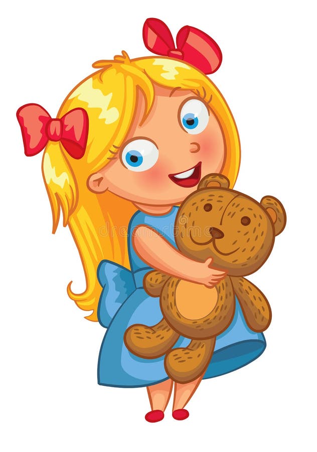 Little girl hugging the teddy bear. Funny cartoon character