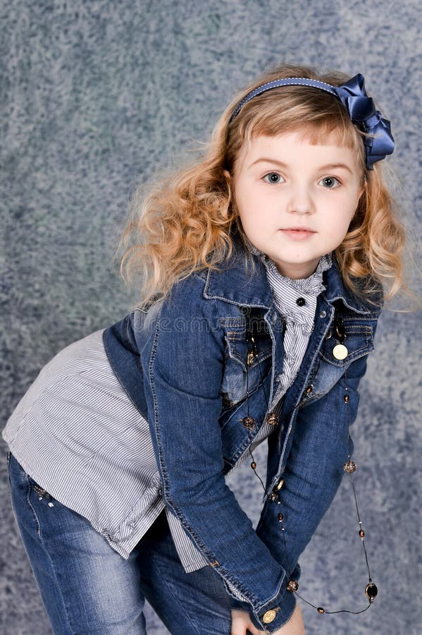 Little Girl in Jeans Jacket Posing Stock Photo Image of happy, cute