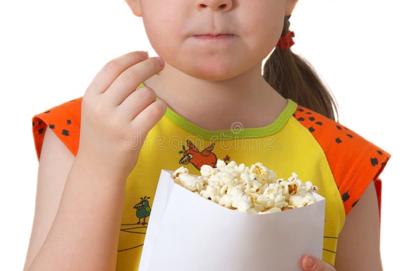 Little Girl Keeps Package with Popcorn Stock Photo Image of face