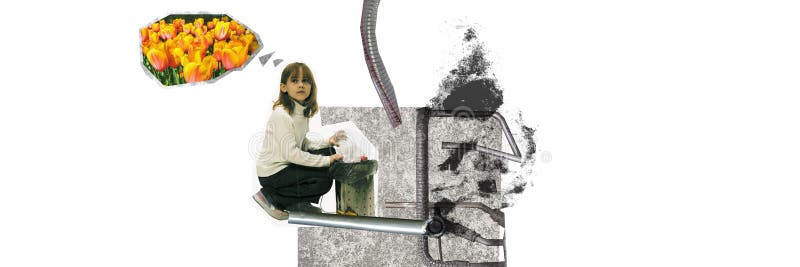 Little girl, kid throwing garbage into trash, taking care after nature and ecology. Air pollution with factories. Contemporary art collage. Concept of ecology, environment, problem, awareness