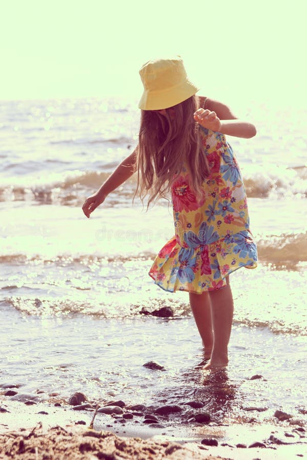 Little Girl Kid Walking on Beach at Sea. Fun. Stock Photo - Image of ...