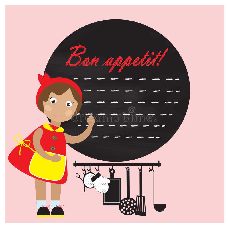 Little girl with kitchenware and chalk board vector illustration Little girl with kitchenware and chalk board vector illustration