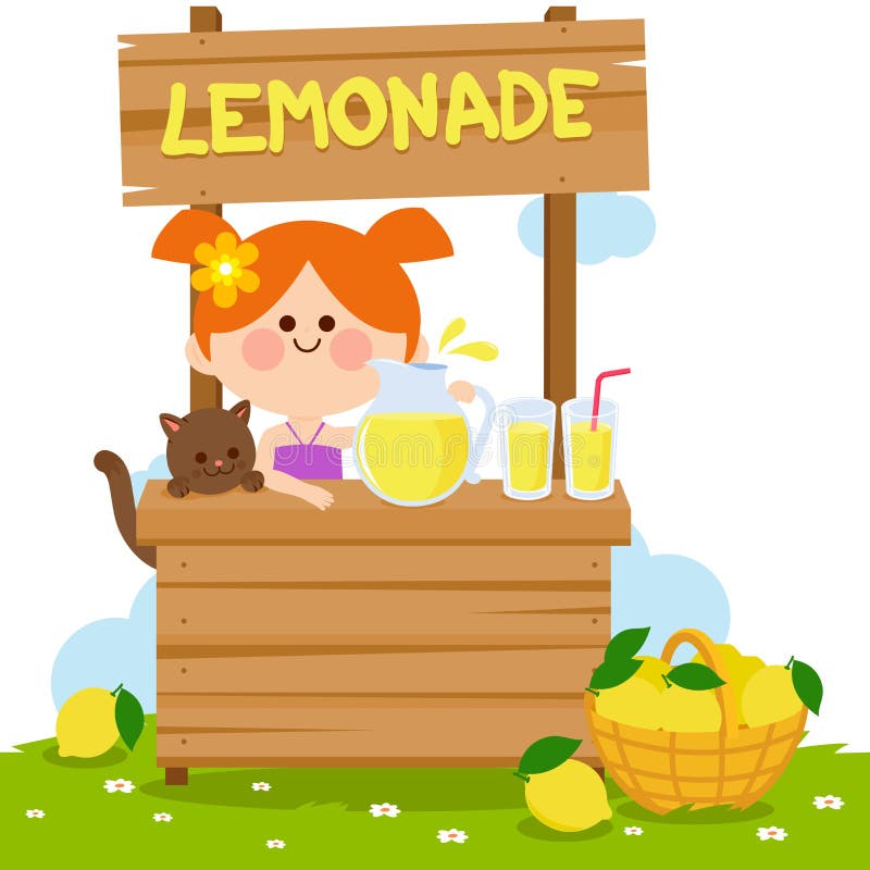 Little girl in a lemonade stand selling lemon juice. Vector illustration