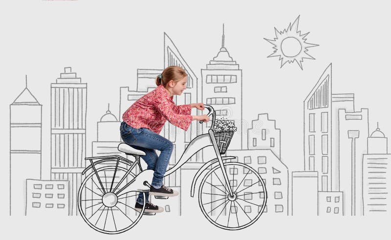 Little girl riding bike on imaginary monochromatic city sketch background. Little girl riding bike on imaginary monochromatic city sketch background