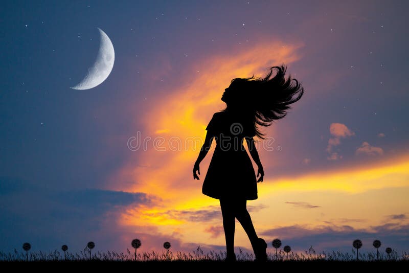 Little girl in the moonlight at sunset stock illustration