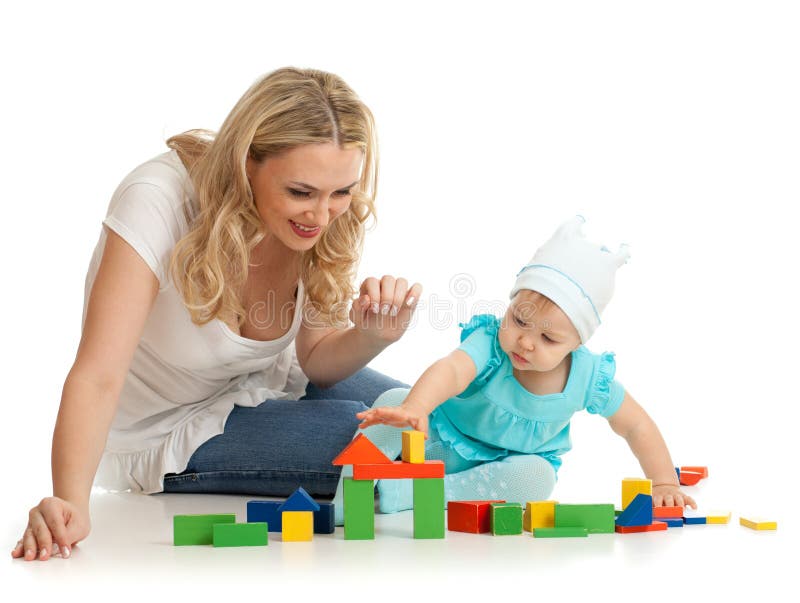 Little girl and mother with color building blocks